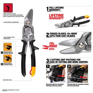 ToughBuilt lewostronne nożyce do blachy TB-H4-60-L-BEA — TB-H4-60-L-BEA: infografika produktu.