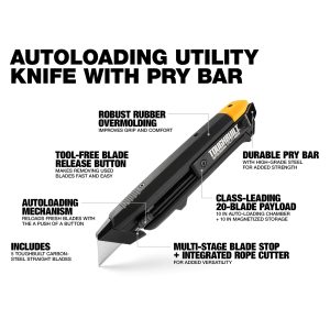 ToughBuilt Nóż trapezowy z automatycznym ładowaniem TB-H4-10-A — TB-H4-10-A: infografika produktu.