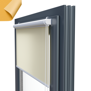 Roleta materiałowa podgumowana zaciemniająca zawieszana na okno w plastikowej kasecie